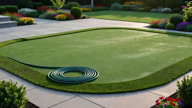 Backyard green space with clean modern patio