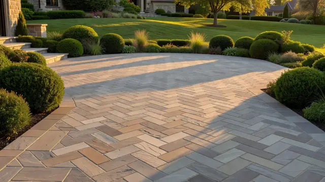 Large-format paver patio with landscaped border