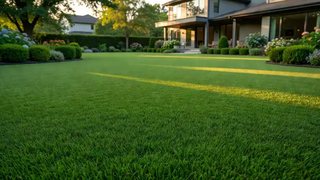 Finished synthetic turf backyard with modern home